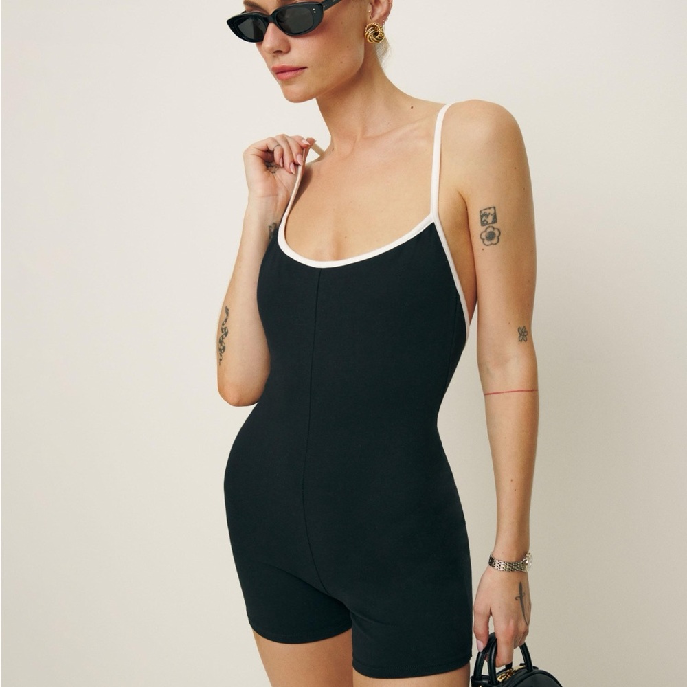 Genelle Reformation Black and White Spaghetti Strap Romper